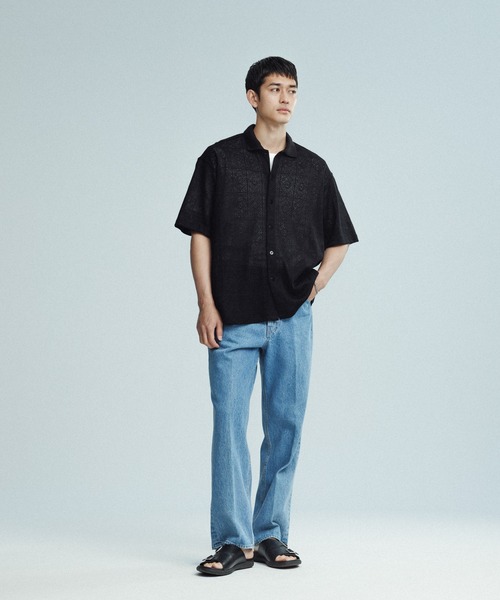 セール】メッシュジャガード ボックスシルエット ニットポロ / ロング