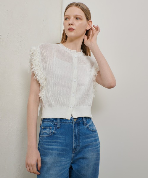 allureville ラインアクセントパフスリーブプルオーバー ニット allureville ニット セーター シアーカフスラウンドネックプル