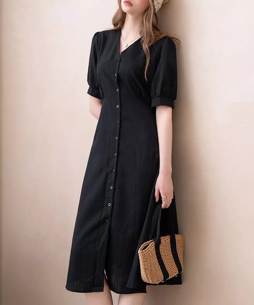 DAY CLOSET(デイ クローゼット)の「レディース 半袖ストライプ柄Vネックウエスト切替フレアワンピース(ワンピース・レディース・ブラック/ライトブルー/クリーム・FREE)」の4枚目の写真