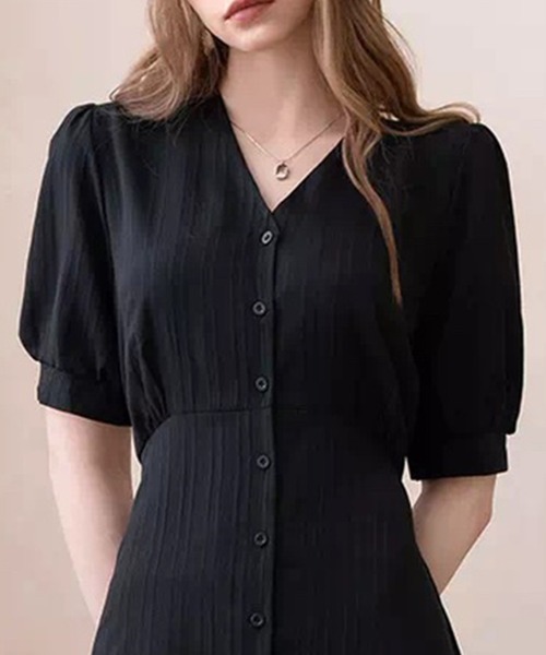 DAY CLOSET(デイ クローゼット)の「レディース 半袖ストライプ柄Vネックウエスト切替フレアワンピース(ワンピース・レディース・ブラック/ライトブルー/クリーム・FREE)」の21枚目の写真