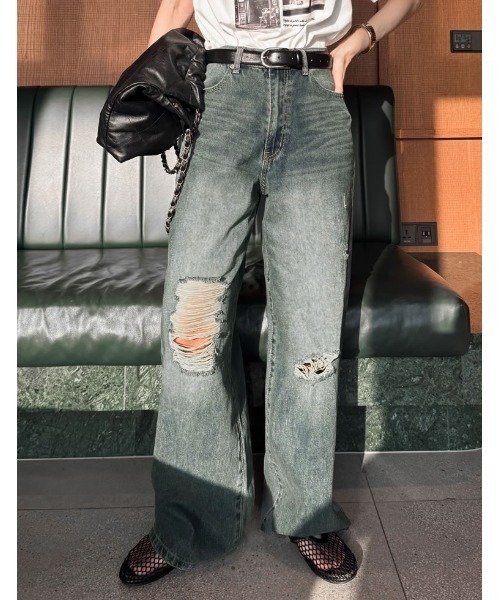 Re:EDIT（リエディ）の「[低身長/高身長サイズ有]ワイドストレートアシンメトリーダメージデニムパンツ（デニムパンツ・レディース・ブラック/ブルー/ブルー系その他・SHORT/LARGE/MEDIUM/SMALL/TALL）」の3枚目の写真