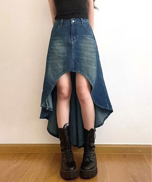 フレアスカート ミモレ丈 フィッシュテール ペプラム バックゴム