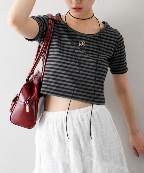 SpRay（スプレイ）の「テレコボーダー刺繍トップス（Tシャツ/カットソー・レディース・ホワイト×ブラック/グレー系その他・FREE）」の8枚目の写真