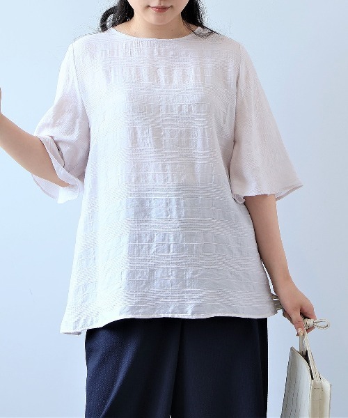 fleur by mint breeze(フルールバイミントブリーズ)の「【接触冷感】【L~5L 大きいサイズ】ドビーチェックバックフリルブラウス 半袖 春夏(シャツ/ブラウス・レディース・ライトグレー/オレンジ/ネイビー・3L/4L/5L/LL/L)」の1枚目の写真