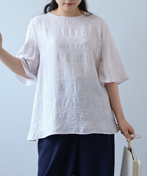 fleur by mint breeze(フルールバイミントブリーズ)の「【接触冷感】【L~5L 大きいサイズ】ドビーチェックバックフリルブラウス 半袖 春夏(シャツ/ブラウス・レディース・ライトグレー/オレンジ/ネイビー・3L/4L/5L/LL/L)」の8枚目の写真
