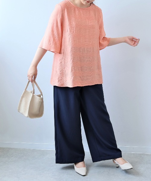 fleur by mint breeze(フルールバイミントブリーズ)の「【接触冷感】【L~5L 大きいサイズ】ドビーチェックバックフリルブラウス 半袖 春夏(シャツ/ブラウス・レディース・ライトグレー/オレンジ/ネイビー・3L/4L/5L/LL/L)」の10枚目の写真