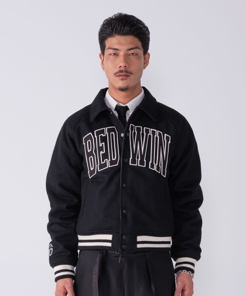 BEDWIN & THE HEARTBREAKERS(ベドウィン アンド ザ ハートブレイカーズ)の「MELTON AWARD JACKET "JERRY"(スタジャン・メンズ・ブラック・MEDIUM)」の1枚目の写真