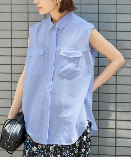 極美品✨IENA イエナ　ノースリーブ　紺　2024 モデル 2024AW IENA ヘンプノースリーブシャツ コットン サックスブルー