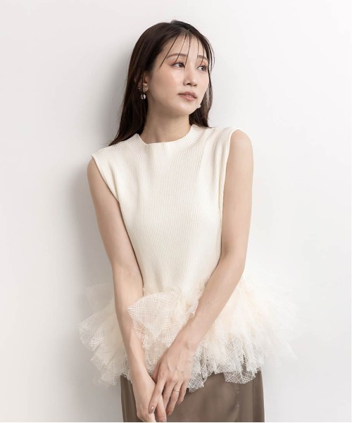 RANDA（ランダ）の「チュールフリルニットトップス（ニット/セーター・レディース・クリーム/ピンク/ダークグレー・FREE）」の4枚目の写真