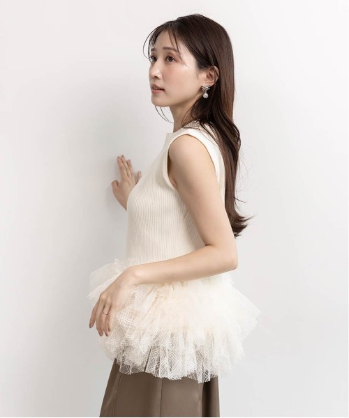 RANDA（ランダ）の「チュールフリルニットトップス（ニット/セーター・レディース・クリーム/ピンク/ダークグレー・FREE）」の5枚目の写真