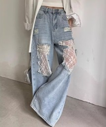 レースインナー付き ダメージ加工デニム