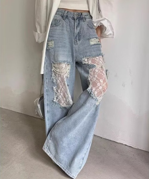 セール】レースインナー付き ダメージ加工デニム（デニムパンツ