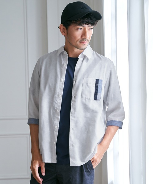 ikka(イッカ)の「7分袖リネン混切り替えポケットシャツ(シャツ/ブラウス・メンズ・ライトグレー/ネイビー/チャコールグレー/オリーブ・M/L/XL/S)」の15枚目の写真