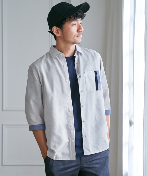 ikka(イッカ)の「7分袖リネン混切り替えポケットシャツ(シャツ/ブラウス・メンズ・ライトグレー/ネイビー/チャコールグレー/オリーブ・M/L/XL/S)」の14枚目の写真