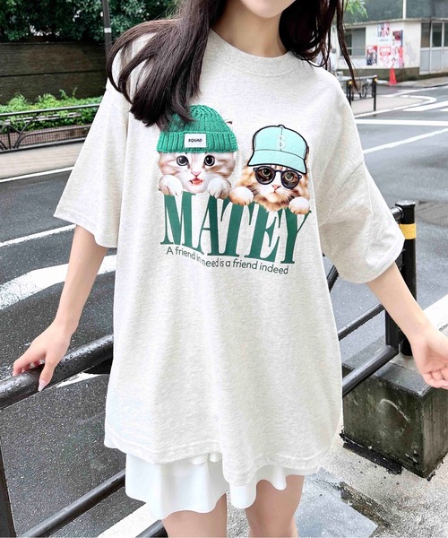 INGNI(イング)の「【WEB限定】ねこニット帽&キャップTシャツ(Tシャツ/カットソー・レディース・オフホワイト/オートミール/スミクロ・M)」の1枚目の写真