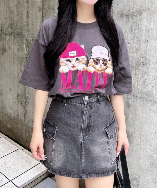 INGNI(イング)の「【WEB限定】ねこニット帽&キャップTシャツ(Tシャツ/カットソー・レディース・オフホワイト/オートミール/スミクロ・M)」の3枚目の写真