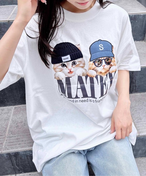 INGNI(イング)の「【WEB限定】ねこニット帽&キャップTシャツ(Tシャツ/カットソー・レディース・オフホワイト/オートミール/スミクロ・M)」の4枚目の写真