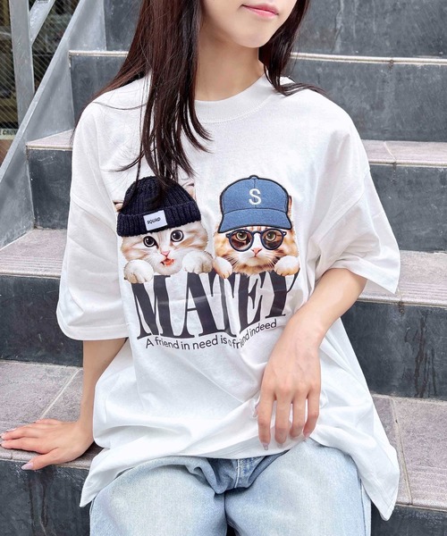 INGNI(イング)の「【WEB限定】ねこニット帽&キャップTシャツ(Tシャツ/カットソー・レディース・オフホワイト/オートミール/スミクロ・M)」の5枚目の写真