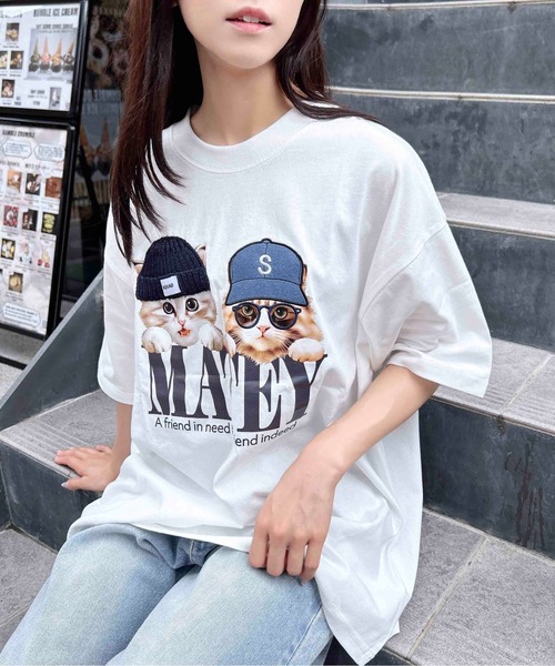 INGNI(イング)の「【WEB限定】ねこニット帽&キャップTシャツ(Tシャツ/カットソー・レディース・オフホワイト/オートミール/スミクロ・M)」の6枚目の写真