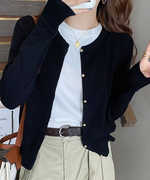 金ボタンニットカーディガン ラウンドネック オフィスカジュアル