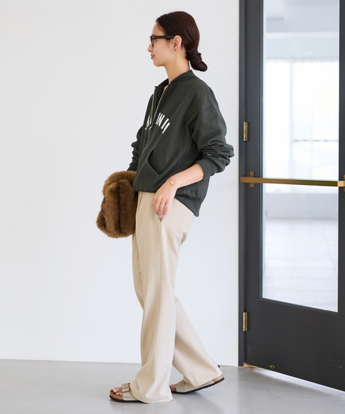 FRAMeWORK CHAMPIONハーフZIPスウェット　ベージュ Champion/チャンピオン 別注REVERSE WEAVE11.5OZロゴハーフ