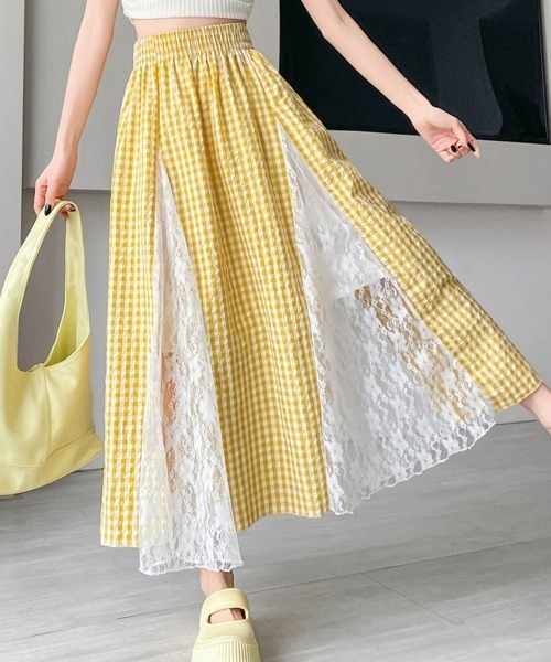 Miniministore(ミニミニストア)の「レース切り替え ロングチェック柄スカート(スカート・レディース・イエロー/ブルー・L/S/M)」の2枚目の写真