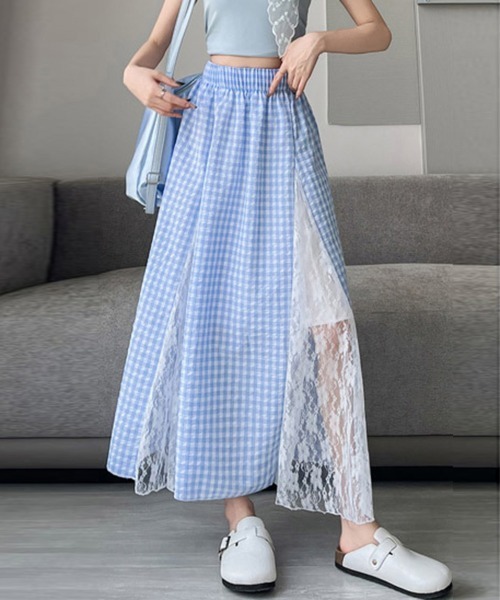 Miniministore(ミニミニストア)の「レース切り替え ロングチェック柄スカート(スカート・レディース・イエロー/ブルー・L/S/M)」の1枚目の写真