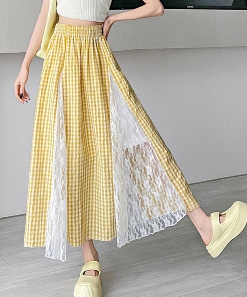 Miniministore(ミニミニストア)の「レース切り替え ロングチェック柄スカート(スカート・レディース・イエロー/ブルー・L/S/M)」の3枚目の写真