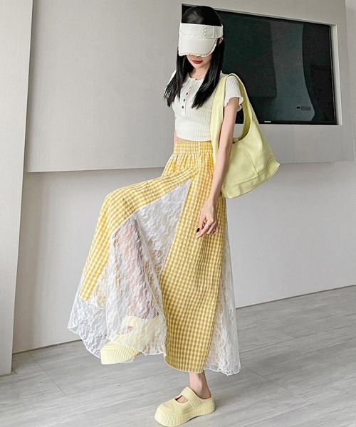 Miniministore(ミニミニストア)の「レース切り替え ロングチェック柄スカート(スカート・レディース・イエロー/ブルー・L/S/M)」の4枚目の写真