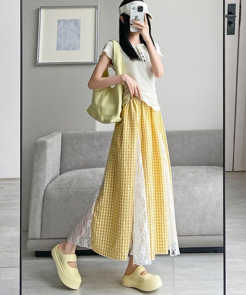 Miniministore(ミニミニストア)の「レース切り替え ロングチェック柄スカート(スカート・レディース・イエロー/ブルー・L/S/M)」の6枚目の写真
