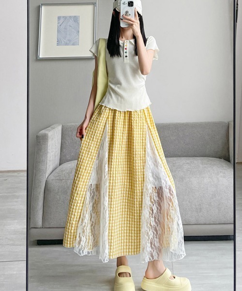Miniministore(ミニミニストア)の「レース切り替え ロングチェック柄スカート(スカート・レディース・イエロー/ブルー・L/S/M)」の7枚目の写真
