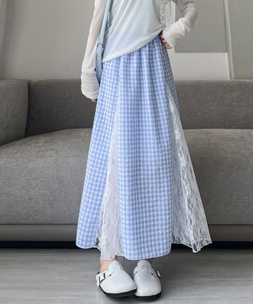Miniministore(ミニミニストア)の「レース切り替え ロングチェック柄スカート(スカート・レディース・イエロー/ブルー・L/S/M)」の9枚目の写真