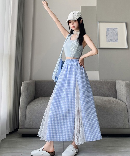 Miniministore(ミニミニストア)の「レース切り替え ロングチェック柄スカート(スカート・レディース・イエロー/ブルー・L/S/M)」の13枚目の写真