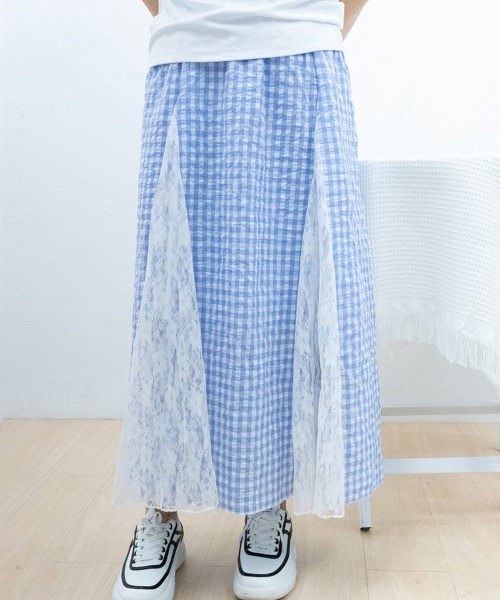 Miniministore(ミニミニストア)の「レース切り替え ロングチェック柄スカート(スカート・レディース・イエロー/ブルー・L/S/M)」の14枚目の写真