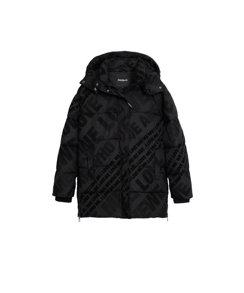 Desigual（デシグアル）の「フロッキーロゴ 取り外しフード ロング中綿ジャケット ブラック ホワイト（ダウンジャケット/コート・レディース・ホワイト/ブラック・XS/S/M/L/XL）」の2枚目の写真