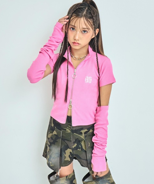 セール】ラインストーン ロゴ アームウォーマー付 ダブルジップ