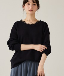 qualite | 【大人のレースニット】Vネックレース付きニット/秋服/冬服/オフィスカジュアル/フリル/ハイゲージニット(ニット/セーター)