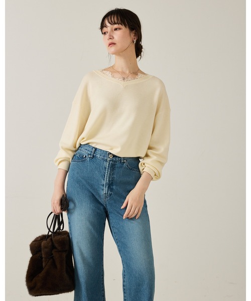 qualite(カリテ)の「【大人のレースニット】Vネックレース付きニット/秋服/冬服/オフィスカジュアル/フリル/ハイゲージニット(ニット/セーター・レディース・ダークネイビー/オフホワイト/チャコールグレー・フリー)」の21枚目の写真