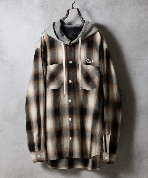 NUMBER (N)INE（ナンバーナイン）の「BRUSHED COTTON OMBRE PLAID FLANNEL HOODIE SHIRT / コットン オンブレー チェック ロゴ刺繍 フード シャツ（シャツ/ブラウス・メンズ・ベージュ/グレー・2/3/4）」の2枚目の写真