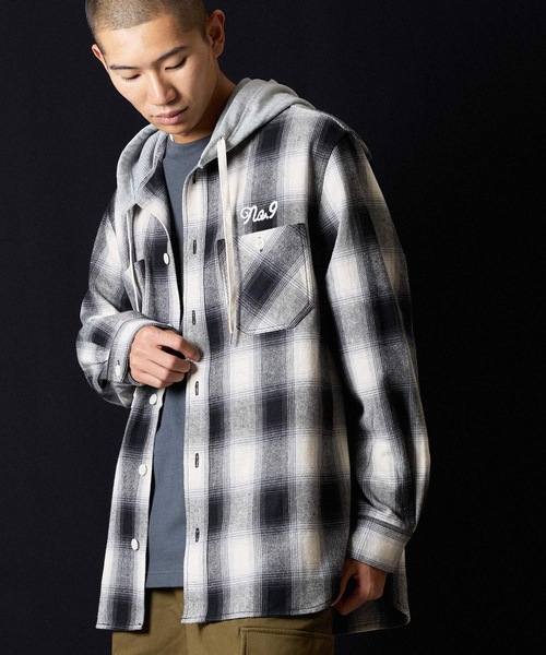 NUMBER (N)INE（ナンバーナイン）の「BRUSHED COTTON OMBRE PLAID FLANNEL HOODIE SHIRT / コットン オンブレー チェック ロゴ刺繍 フード シャツ（シャツ/ブラウス・メンズ・ベージュ/グレー・2/3/4）」の16枚目の写真