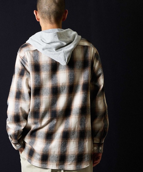 NUMBER (N)INE（ナンバーナイン）の「BRUSHED COTTON OMBRE PLAID FLANNEL HOODIE SHIRT / コットン オンブレー チェック ロゴ刺繍 フード シャツ（シャツ/ブラウス・メンズ・ベージュ/グレー・2/3/4）」の6枚目の写真