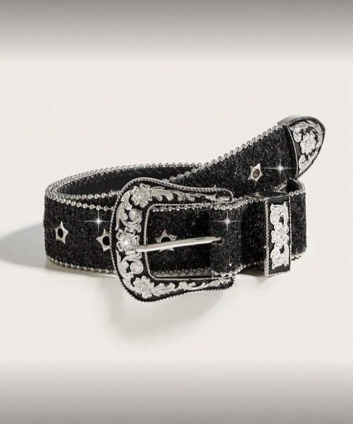 VIBGYOR(ヴィブジョー)の「【IZU】 ラインストーンウエスタンベルト(ベルト・メンズ・ブラック/シルバー・FREE)」の1枚目の写真