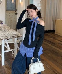 ギンガムチェックフェイクレイヤード オフショルダーロンT+ネクタイ 2点セット