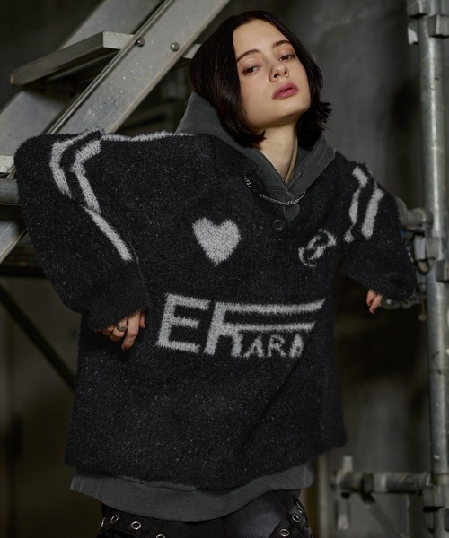 ERAR】オーバーサイズショート丈ハートロゴゲームニットポロシャツ