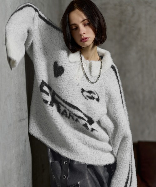 ERAR】オーバーサイズショート丈ハートロゴゲームニットポロシャツ