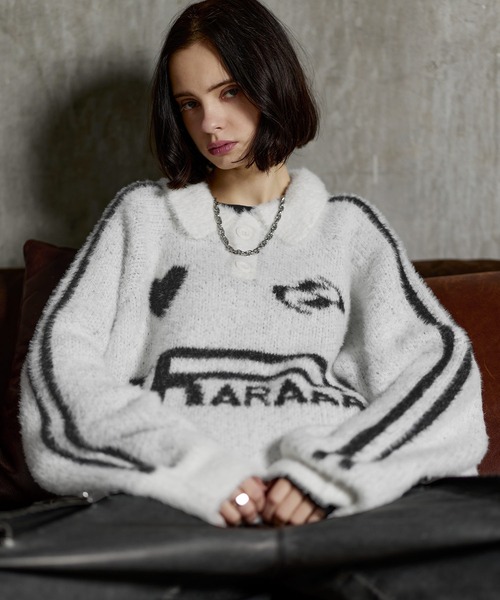 ERAR】オーバーサイズショート丈ハートロゴゲームニットポロシャツ