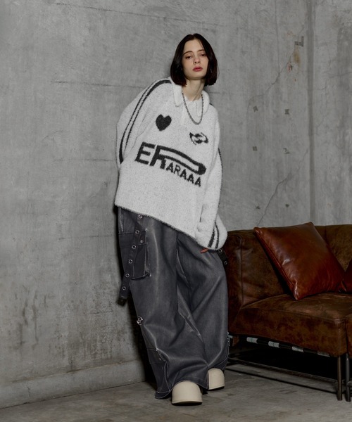ERAR】オーバーサイズショート丈ハートロゴゲームニットポロシャツ