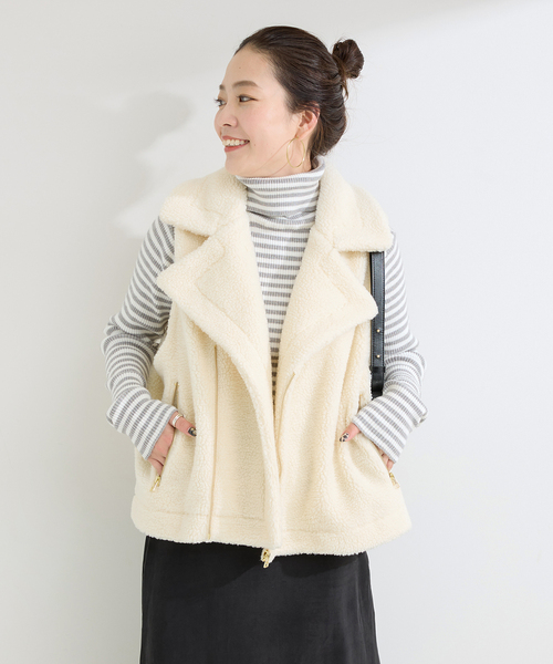 ☆kashwére ベスト　ほぼ未使用☆ ボアフリース保温ベスト FC22502-LGL Lサイズ ライトグレー H103012