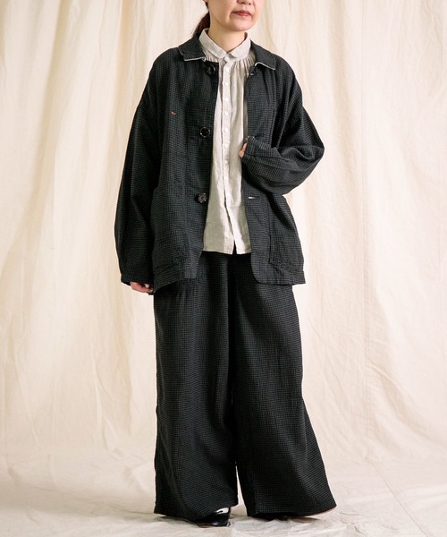 Brocante / ブロカント] 綿麻ギンガムチェック デフォルメカバーオール
