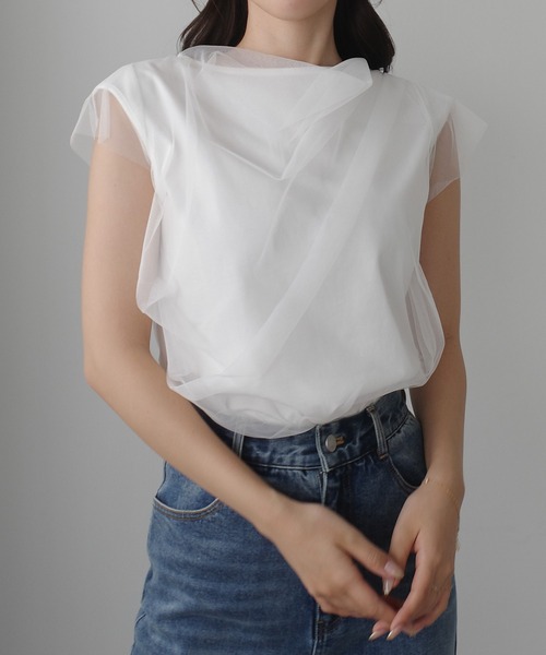Louere（ルエレ）の「チュールドレープレイヤードトップス（Tシャツ/カットソー・レディース・クリーム/ブラック/ホワイト・SMALL/MEDIUM/LARGE/X-LARGE）」の16枚目の写真